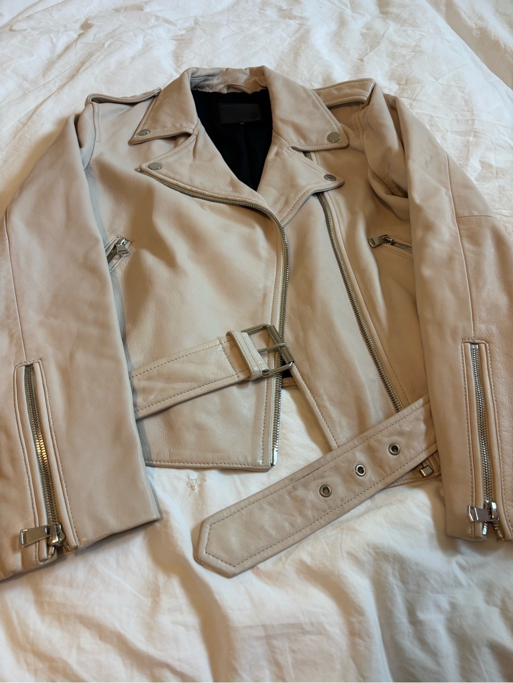 Ag Adriano Goldschmied Cream Leather Moto Jacket with Belt